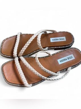 Steve Madden Braided Strap Flat Sandals Women’s 7.5 Cream Square Toe Slip On